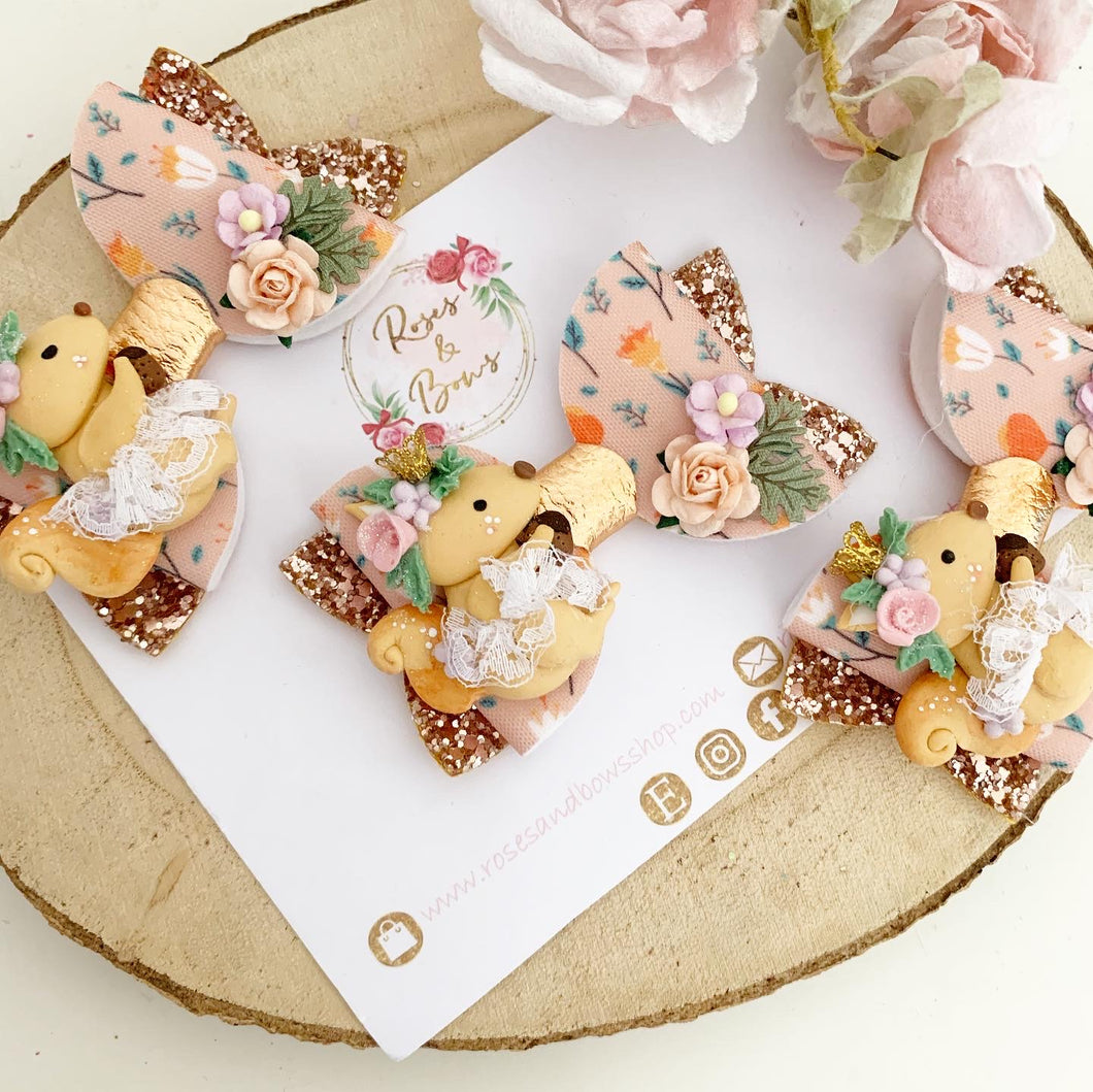 Autumn Squirrel Hair Bow Headband or Clip
