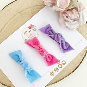 Velvet knot hair bow headband or clip set - bright pink, blue and lilac