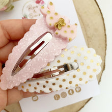 Load image into Gallery viewer, Pink and Gold Easter Bunny Large scalloped snap clip set
