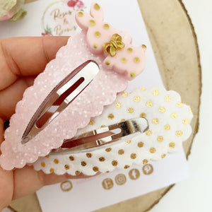 Pink and Gold Easter Bunny Large scalloped snap clip set