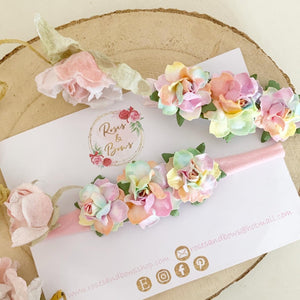 Pastel Rainbow rose flower headband or clip