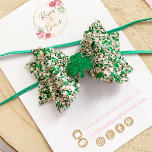 St Patrick’s Day Shamrock Hair Bow - Green Glitter Hair Bow Hair Clip or Headband
