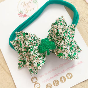 St Patrick’s Day Shamrock Hair Bow - Green Glitter Hair Bow Hair Clip or Headband