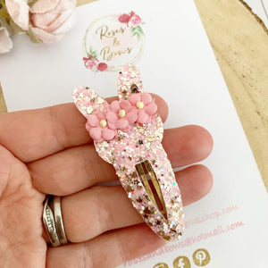 Pink & Gold Easter Bunny glitter snap clip