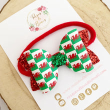 Load image into Gallery viewer, Welsh Flag St David’s Day Leatherette and Glitter Bow Headband or Clip
