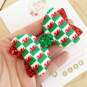 Welsh Flag St David’s Day Leatherette and Glitter Bow Headband or Clip