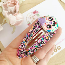 Load image into Gallery viewer, Sugar skull large snap clip - Halloween hair clip - day of the dead pumpkin hair clip
