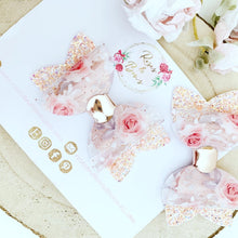 Load image into Gallery viewer, Peach Blush Floral Transparent Glitter Bow Headband or Clip
