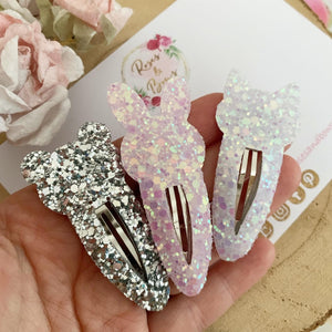 Animal glitter snap clips - Cat, Bunny, Bear