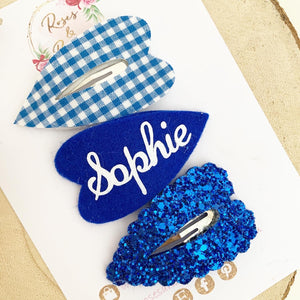 Personalised school gingham and glitter scalloped snap clip set