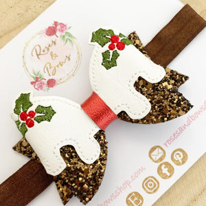 Christmas Pudding Glitter Bow Headband or Clip