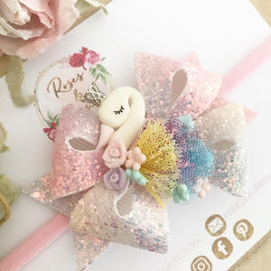 Swan Rainbow Glitter Bow Headband or Clip