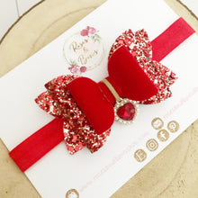 Load image into Gallery viewer, Red Glitter and Velvet Heart Charm Valentine’s Day Hair Bow Headband or Clip
