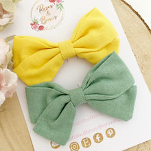 Load image into Gallery viewer, Yellow and Green Cotton Hair Bow Headband or Clip set of 2
