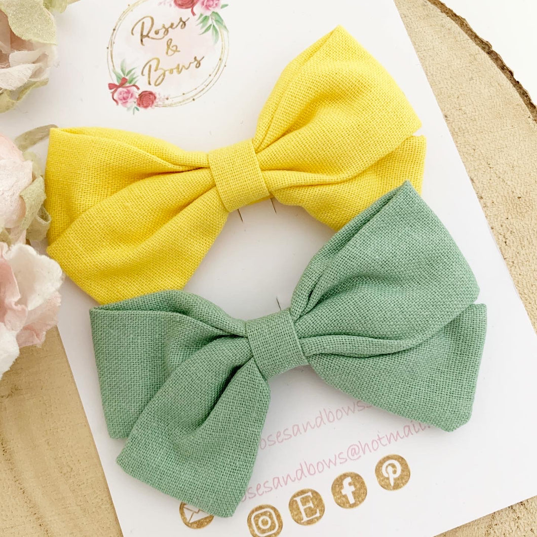Yellow and Green Cotton Hair Bow Headband or Clip set of 2