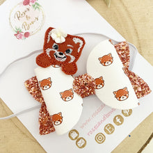 Load image into Gallery viewer, Red Panda Embroidered Leatherette and Glitter Bow Headband or Clip
