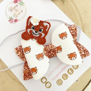 Red Panda Embroidered Leatherette and Glitter Bow Headband or Clip