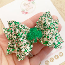 Load image into Gallery viewer, St Patrick’s Day Shamrock Hair Bow - Green Glitter Hair Bow Hair Clip or Headband

