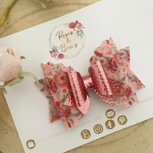Pink Floral Hair Bow Headband or Clip