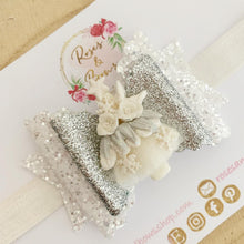 Load image into Gallery viewer, White and Silver Christmas Tree Hair Bow Clip or Headband
