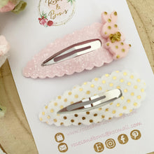 Load image into Gallery viewer, Pink and Gold Easter Bunny Large scalloped snap clip set
