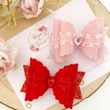 Load image into Gallery viewer, Felt and Glitter Heart Valentine’s Hair Bow Headband or Clip
