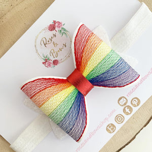 Bright Rainbow Embroidered Leatherette and Glitter Bow Headband or Clip