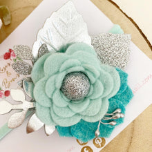 Load image into Gallery viewer, Felt flower clip or headband - aqua and silver flower headband
