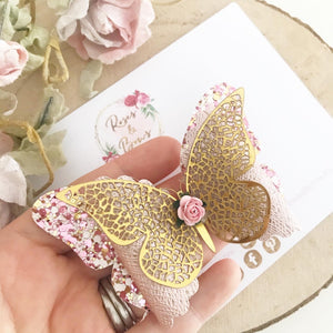 Pink and Gold Butterfly Glitter Bow Headband or Clip