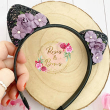 Load image into Gallery viewer, Black and purple glitter cat ears headband
