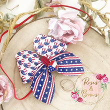 Load image into Gallery viewer, SALE USA July 4th Charm Glitter Bow Headband or Clip
