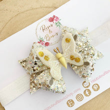 Load image into Gallery viewer, Butterfly White and Gold Hair Bow Headband or Clip
