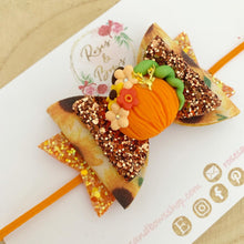 Load image into Gallery viewer, Sunflower Pumpkin Halloween Glitter Bow Headband or Clip
