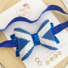 Load image into Gallery viewer, Scottish Flag St Andrews Burns Night Embroidered Leatherette and Glitter Bow Headband or Clip
