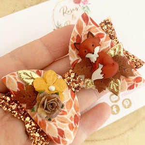 Fox Fabric and Glitter Bow Headband or Clip