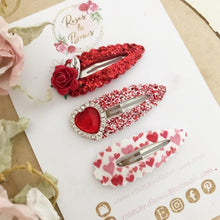 Load image into Gallery viewer, Valentine’s Red and Silver heart scalloped snap clip set
