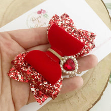 Load image into Gallery viewer, Red Glitter and Velvet Heart Charm Valentine’s Day Hair Bow Headband or Clip
