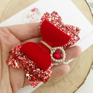 Red Glitter and Velvet Heart Charm Valentine’s Day Hair Bow Headband or Clip