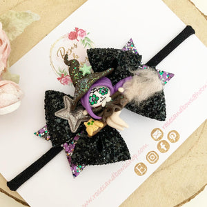 Flying witch Glitter Bow Headband or Clip