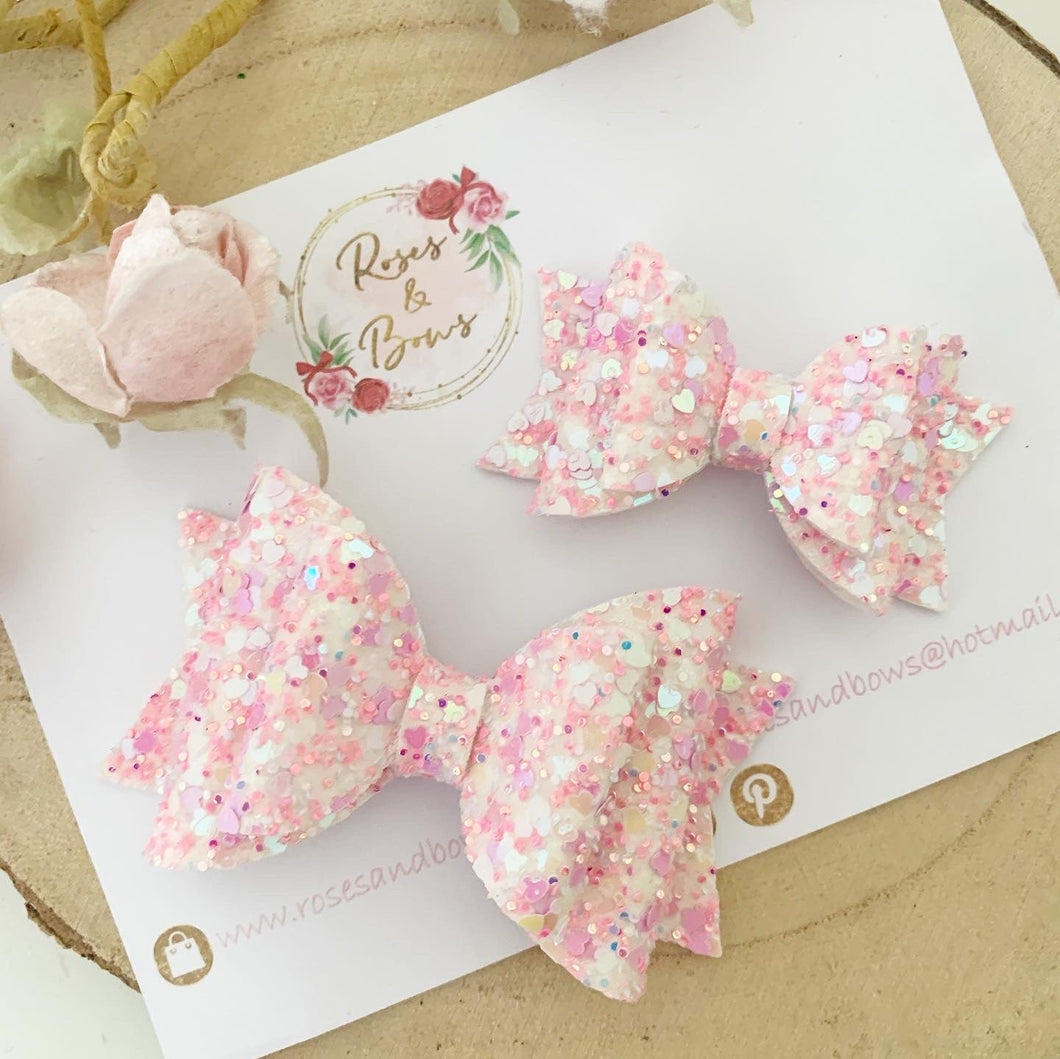 Pink Heart Glitter Hair Bow Headband or Clip