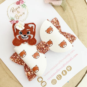 Red Panda Embroidered Leatherette and Glitter Bow Headband or Clip