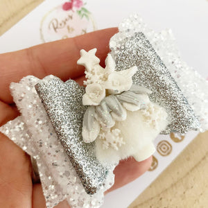 White and Silver Christmas Tree Hair Bow Clip or Headband