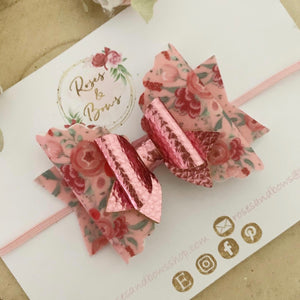 Pink Floral Hair Bow Headband or Clip