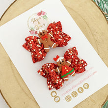 Load image into Gallery viewer, Gingerbread piggy pigtail bows - clip set - Christmas glitter bows
