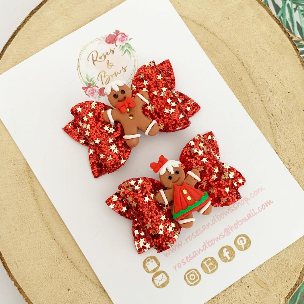 Gingerbread piggy pigtail bows - clip set - Christmas glitter bows