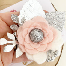 Load image into Gallery viewer, Felt flower clip or headband - blush and silver flower headband
