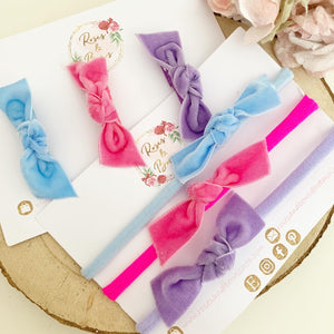 Velvet knot hair bow headband or clip set - bright pink, blue and lilac