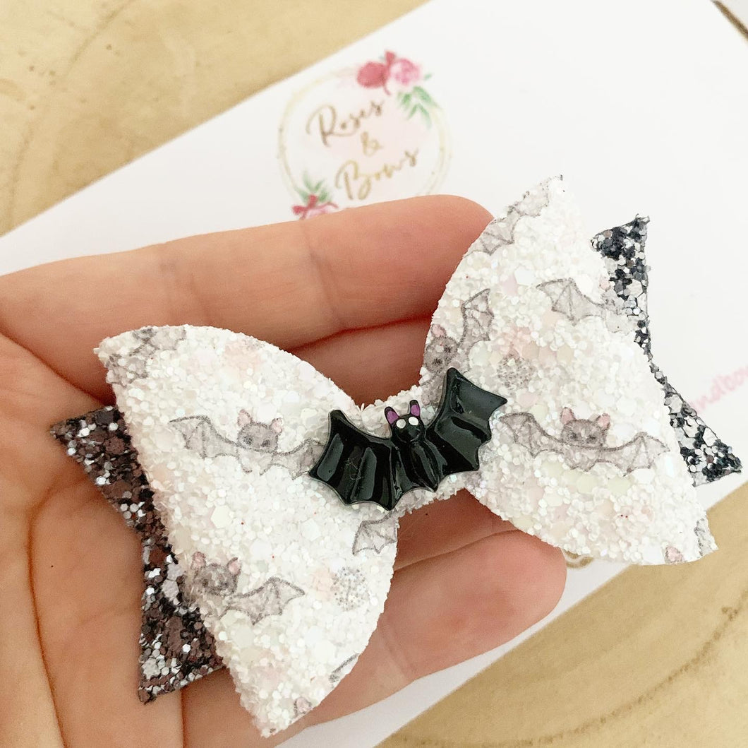 Bat Halloween Glitter Bow Headband or Clip