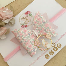 Load image into Gallery viewer, Easter Bunny Pink Floral Charm Hair Bow Headband or Clip
