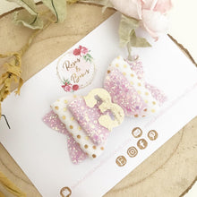 Load image into Gallery viewer, Pink and Gold Birthday Number Hair Bow Headband or clip
